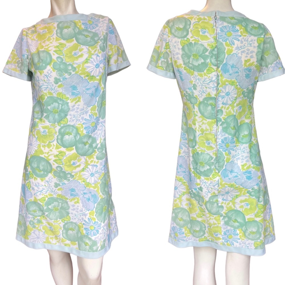 Vintage 60s Mod Handmade Green & Blue Floral High Neck Short Sleeve Sheath Dress